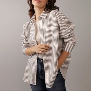 American Eagle Oversized Perfect Button-Up White/Gray Women’s Blouse Shirt Sz S